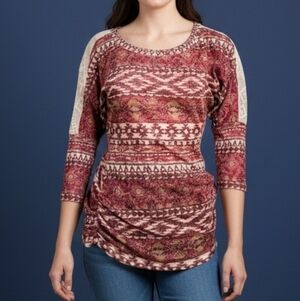Almost FAMOUS Southwestern Aztec Ikat Ruched Oxblood Blouse